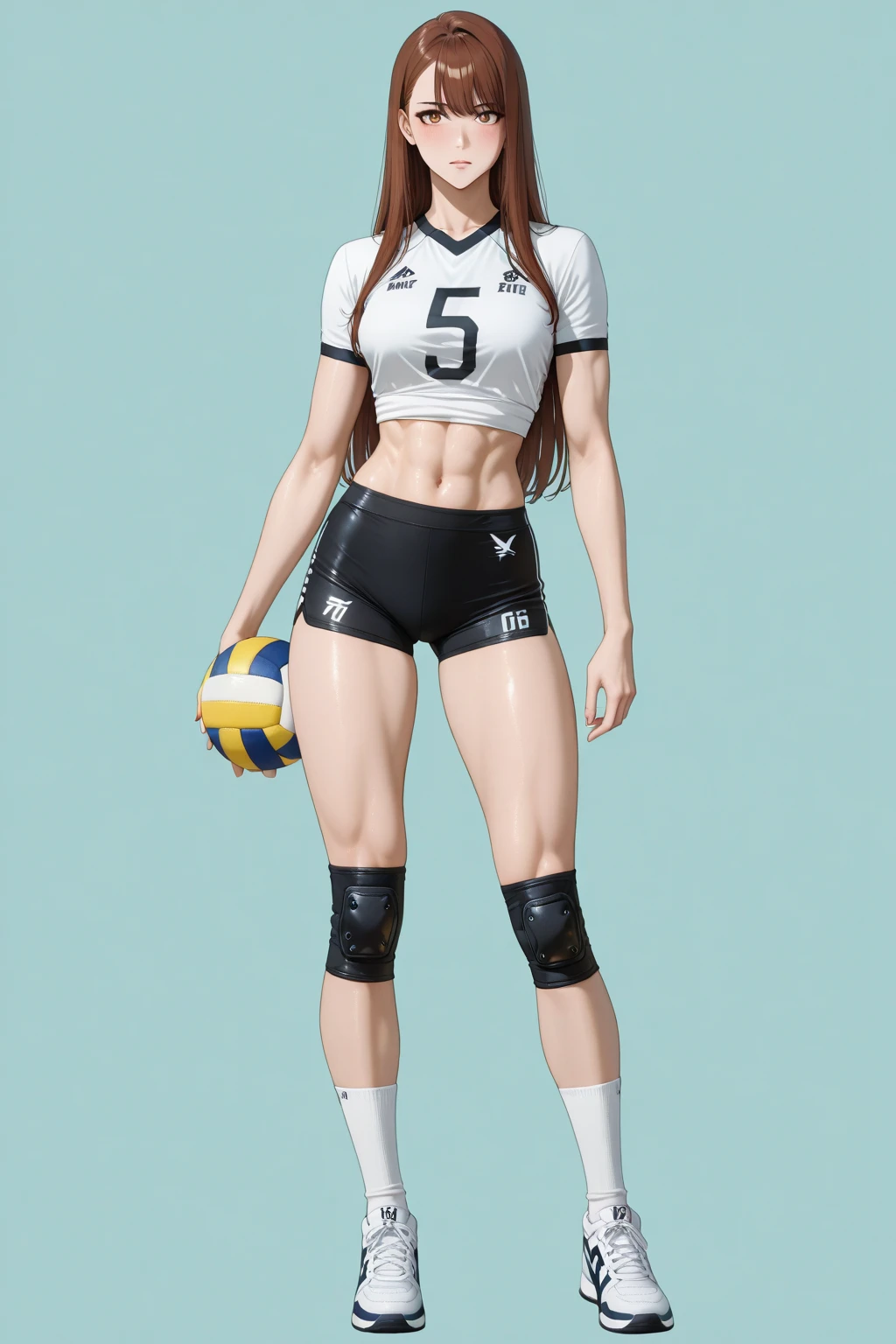 Lady in volleyball uniform full body standing 80s style