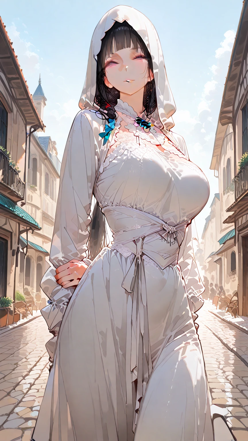 graces, tea party in the garden, mute colors, Rococo-style oil painting, scenery, hollyhocks, (masterpiece, top quality, best quality, official art, beautiful and aesthetic:1.2),(huge breast), narrow waist,cleavage,extreme detailed, highest detailed, masterpiece,More Detail,Colors