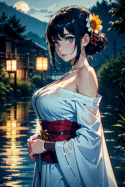 1girl, breasts, moon, lantern, night, solo, large breasts, hair ornament, wet, kimono, japanese clothes, wading, water, hair flower, flower, outdoors, sky, full moon, rain, black hair, off shoulder, mountain, cloud, holding, sash, bare shoulders, paper lantern, standing, white kimono, night sky, sideboob, obi, wet clothes, bangs, tree, from side, reflection, short hair, cloudy sky, wet hair (((masterpiece),(extremely detailed CG unity 8k wallpaper),best quality,,solo,1girl,cinematic lighting,detailed background,beautiful detailed eyes,bright pupils, (an extremely delicate and beautiful),(Beautiful and detailed eye description)， ultra-detailed,masterpiece,)),