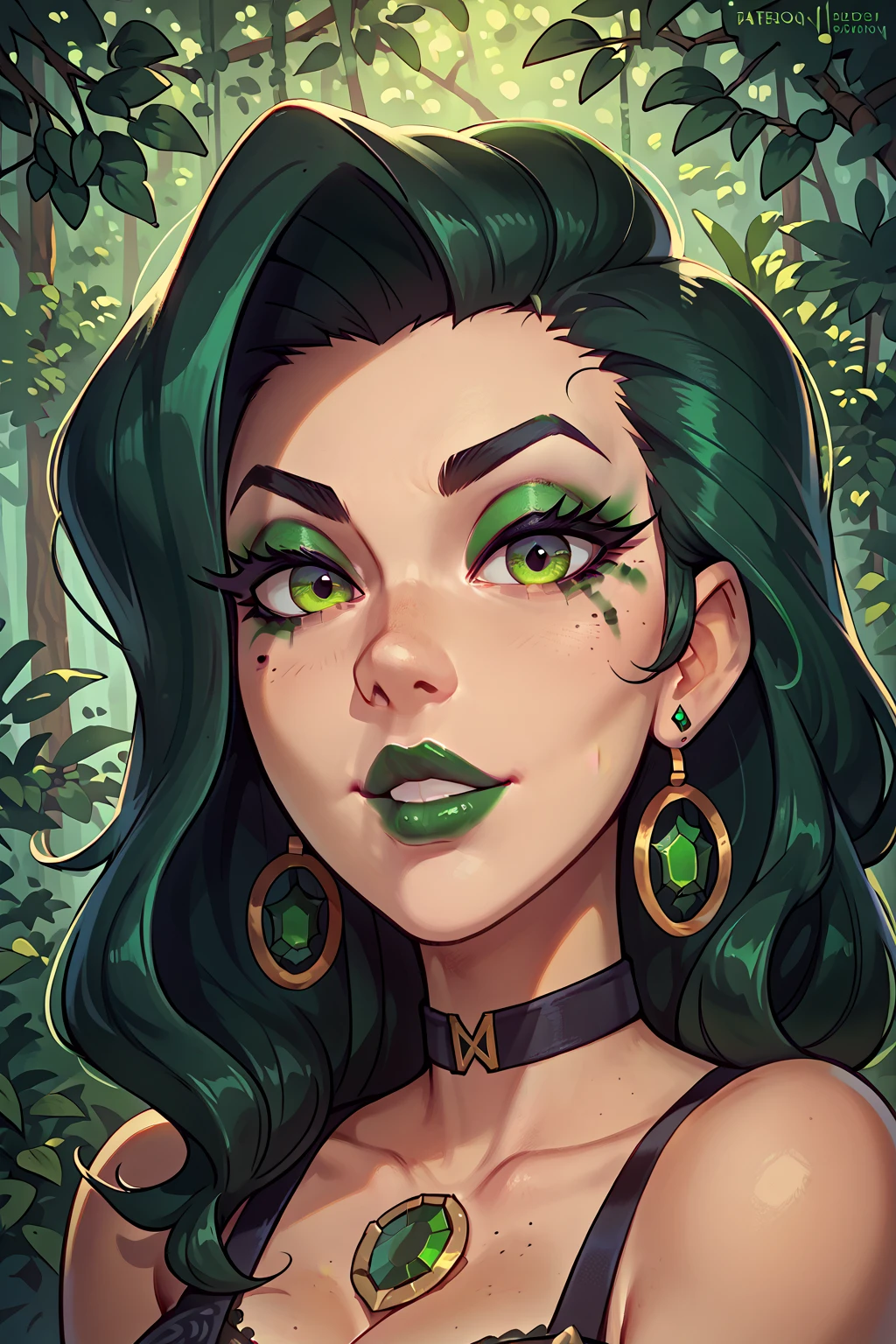 full body painting of a beautiful toxic, grinning girl with twigs and flowers in her hair. (from below:1.2). deep cleavage, wearing a (t-shirt), greengreenbrown color, punk woman with runic tattoos. in a fantasy temple. slim, (small breasts), (t-shirt, open vest, midriff)