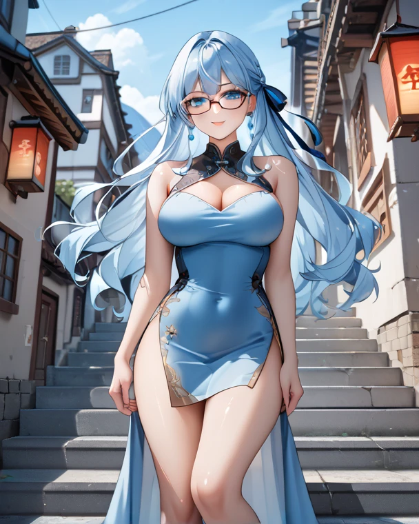 Real beautiful biracial latina woman, light blue hair, light blue eyes,large breasts, wear cosplay akatsuki suit, landmark of uchiwa, photo realist