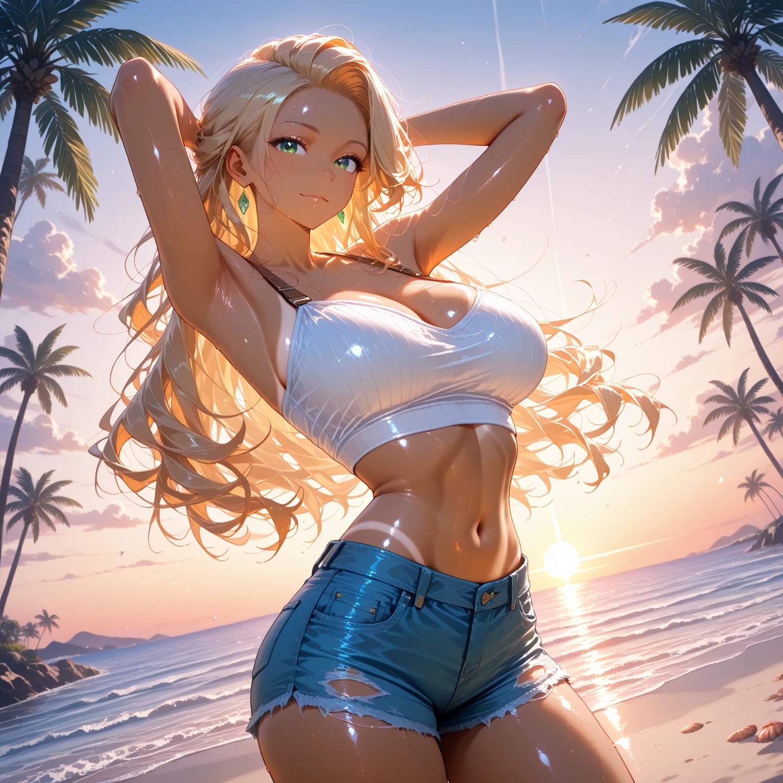 realistic, 1 girl, long hair, pink eyes, glowing eyes, tank top, see through, mini skirt, big smile, blush, night, perfect, beach, moon, camel toe, wet, naked girl,