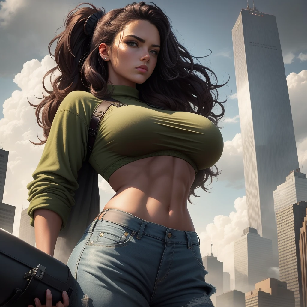 Emma Watson, "A towering giantess in a cool and laid-back hippie style rocks a crop top and a short skirt. Her slender physique with round breasts. She seems to casually stroll through the bustling cityscape of GTS City, while towering buildings tower overhead. Smoke and clouds swirl around them, adding to the sense of epic scale and drama. The lighting is dark, gloomy and realistic, creating a tense and threatening atmosphere. The perspective is from below, emphasizing the sheer majesty and power of the giantess."