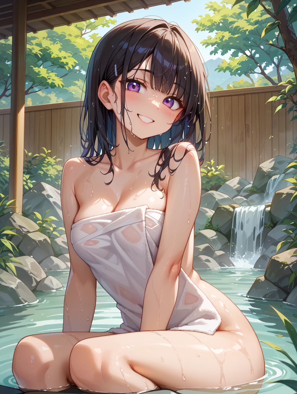 (masterpiece, highest quality, 8K, 32K, masterpiece, hehe, ultra high resolution, impressionist, photorealistic:1.2), detailed face and eyes, beautiful face, blurred background, glowing skin, flushed skin, realistic pupils, beautiful face, blurred background, 18 year old beautiful girl, ((side ponytail)), ((white scrunchie)), beautiful black hair, black brown eyes, (naked), (full nude), (erect nipples), (pussy), (clitoris), (hot spring, bathing:1.2), thighs thighs thighs thighs, curves, sexy pose, shy smile, sweating, (steaming:1.2), slightly droopy eyes, ((night, moonlight)), hot spring, open air bath, sitting