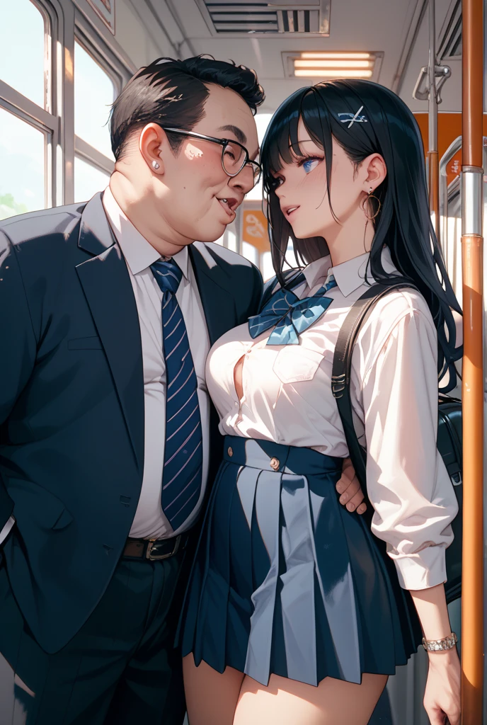 summer、in the train、thick、Sweat、、high school girl、summer服のセーラー服、、Low length、(((((Eyes hidden by long bangs)))))、(((Long black hair:1.2　hair band)))(((Black-rimmed glasses:1.2　black eye)))、Strong sunlight、thicksummerの昼間、Crowded train、Look at this、Front view、Full Body Shot、Lift your shirt、your 、Beautiful breasts、Touching  1, (((small, An older man presses his  against a younger woman's back))) and (((Grab her waist)))、Nipple massage、She looks 、(Big Breasts)、old man talking in ear、Surrounded by a large number of middle-aged men、Orgy、Sweatだく