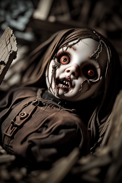 Dark fantasy, Thick Fog, ((Close-up on the doll))、canon 35mm lens、A creepy tin Japanese doll with cute eyes, Rusted, Dirty and cracked doll, Standing and walking、Indoors in Japan houses