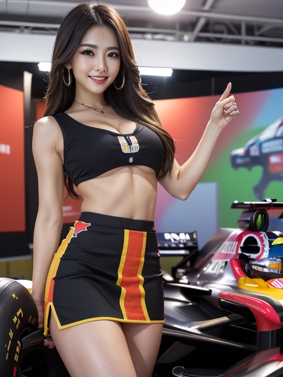 1 thai girl, big breasts, strikingly beautiful, delicate facial features, black hair, red lips, erotic pose, expressive eyes, kind smile, (pole dancer), light blue stewardess uniform, garrison cap, tight pencil mini skirt, long sexy legs, (pole dancing), show panty, on the stage, high stage, crowded people, full body, from below, Pumpui Bar Bangla Road Phuket Thailand, night, neon,