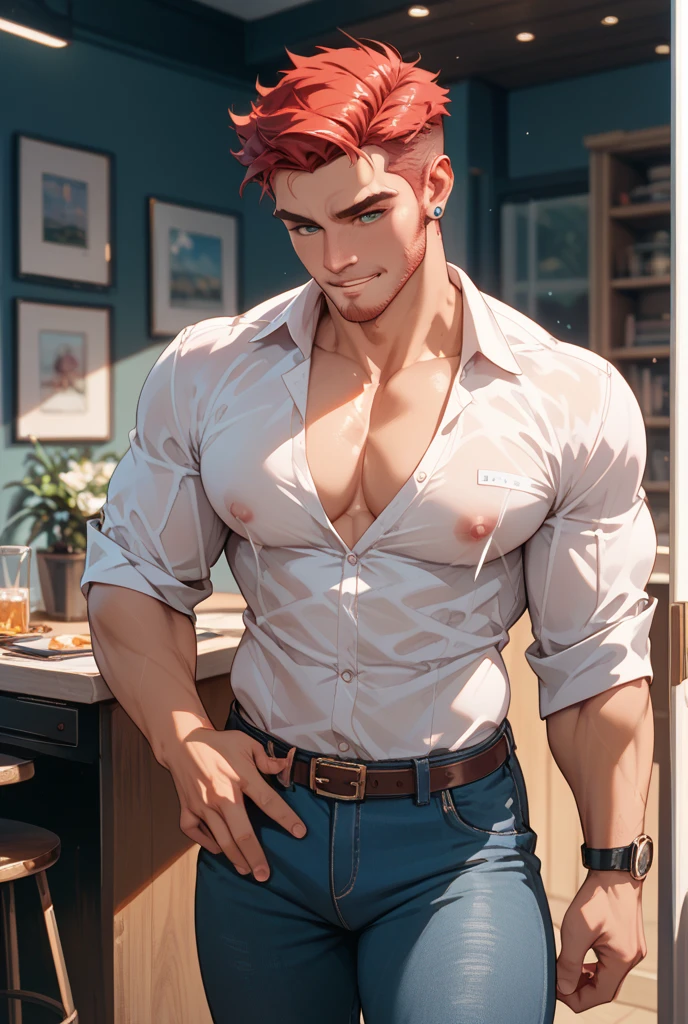 A striking red-headed man with a meticulously groomed beard that frames his chiseled jawline and emphasizes his piercing blue eyes. His skin, kissed by the sun, is a warm golden hue. He stands confidently, fully nude, with his left hand resting on his hip and his right hand gently cupping his testicles. His penis, semi-erect and beautifully sculpted, points upwards with a gentle curve, showcasing its impressive girth and length. The man's pubic hair is neatly trimmed, drawing the viewer's gaze to the base of his shaft, which is adorned with a simple silver ring. His muscular physique, a testament to hours of dedication in the gym, flexes subtly as he poses with one leg slightly bent. The background is a minimalist setting of soft, muted grays, allowing the vibrant red of his hair and the richness of his beard to stand out dramatically. His face is a picture of stoic masculinity, yet there's a hint of a smirk playing on his lips, as if he's aware of the effect he's having on the viewer. The lighting is soft and diffused, casting flattering shadows across his body and highlighting the contours of his chest and abs. The overall atmosphere is one of raw, unfiltered virility and beauty.