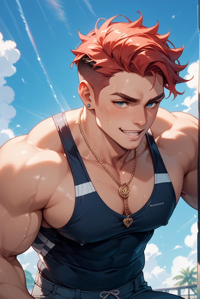 ((the best quality)), ((Masterpiece)), (details), perfect face, high definition, Masterpiece,4k,details clearly, Handsome face, white skin, perfect body, male body, strong muscles, abdomen, Green eyes, white skin, The most handsome man in the world, handsome, The coolest face, Male characters, close image (1man, shirtless), young man, Extremely muscular tall man, open your eyes ((detailed eyes)), huge, muscular body and Massive, bulging pecs, muscular abs, narrow waist, short hair, energized big eyes, carefree expression, clear face, handsome (detailed face, perfect face) ((extremely realistic shadows, bodybuilding posture, human, V shape, Shirtless, lower pants, topless, close up look, CG sense, Textured skin, the best quality, Storytelling images, lower your pants, show Panty line, Show your abs, show arm muscle, Red hair, shining Green eyes, eyes contact, Stage light, Black tight pants, fashion necklaces, black gloves, wool hat, Panty line((in the pants)), performing, Black gold jacket((sleeveless)), white fur on shoulder, Super Star, energized face Smile, punching, set up