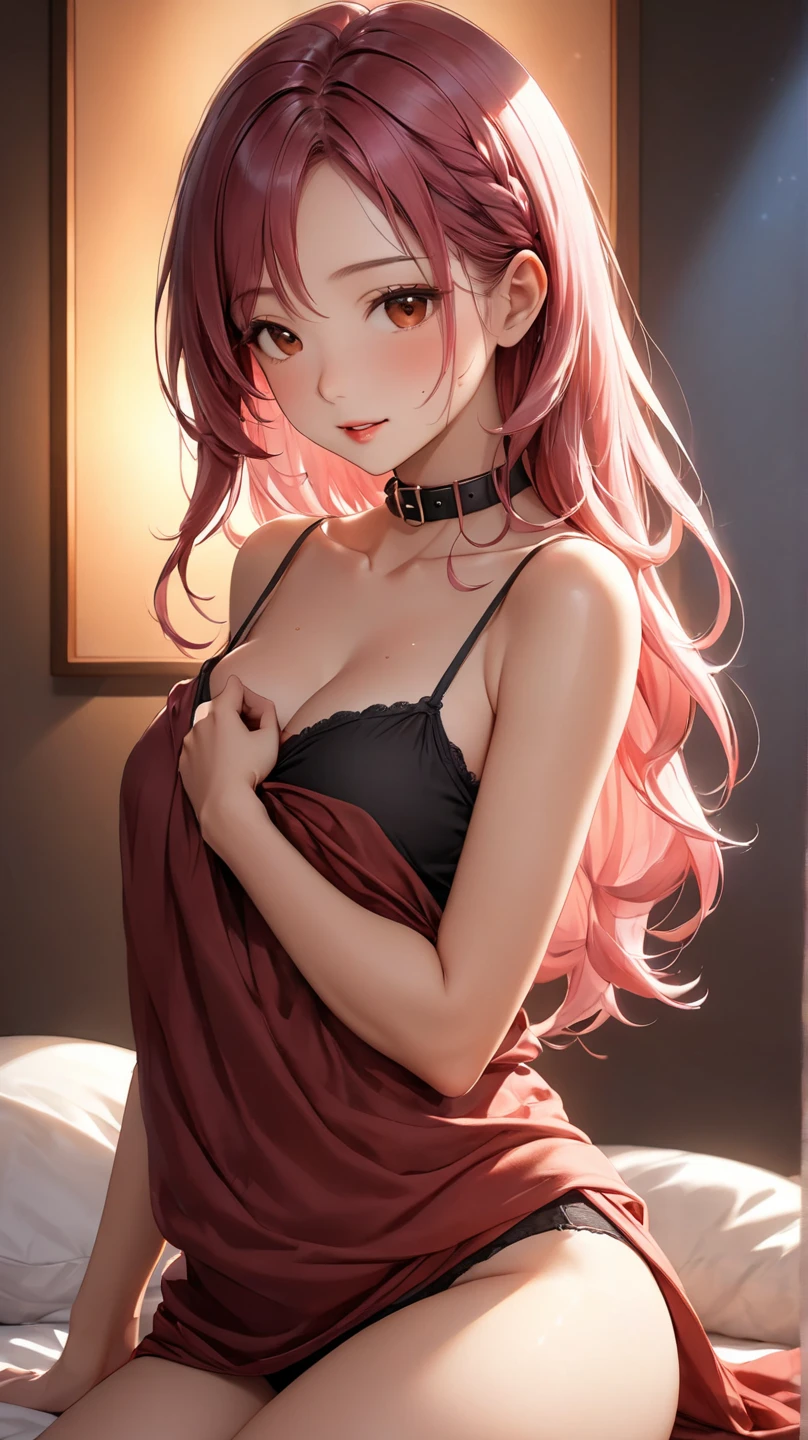 Best Quality,High resolution,8K,finelity detailed background,Masterpiece:1.2),beautiful girl,Shiny pink hair,asymmetrical hair,Pink eyes,Gentle look,A refreshing look,smile,Best quality,Best Quality,Aesthetic and aesthetic:1.2,Best details((Super detailed))(High-definition CG illustrations),Upper Body,Dark grey underwear,Slender body,night,moon,Bedroom,On the bed,smile,blush,cute,Scrounge,Looking up,Being spoiled,super model,wariza,shoot from,below