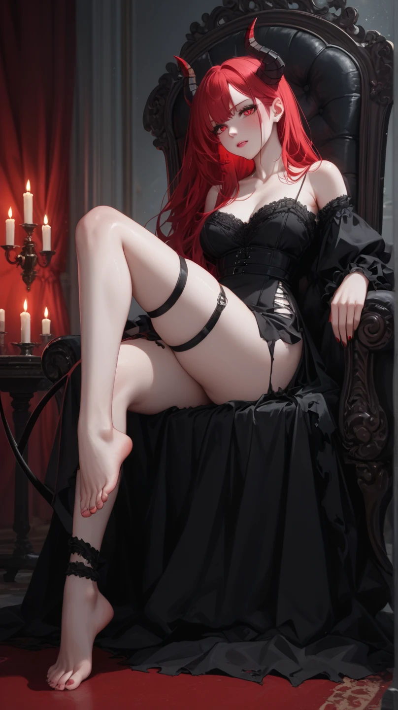 Huge woman with a toned body((Single close-up,There can only be one person in a scene,1 mature female,tmasterpiece,best qualityer,hyper-detailing,illustratio,Fine and detailed eyes and detailed face) garments:Hostess costume,red pantyhose,black heels,Expose shoes, allure:(Tall:1.4),Tall,Mature temperament,Blood-red hair color eyeshadow,Majesty,Mature temperament,Wide hips sexy,(a matural female,A MILF:1.1)(big assa:1.4),(Thick thighs:1.4),Majesty,Royal bedroom background,are standing