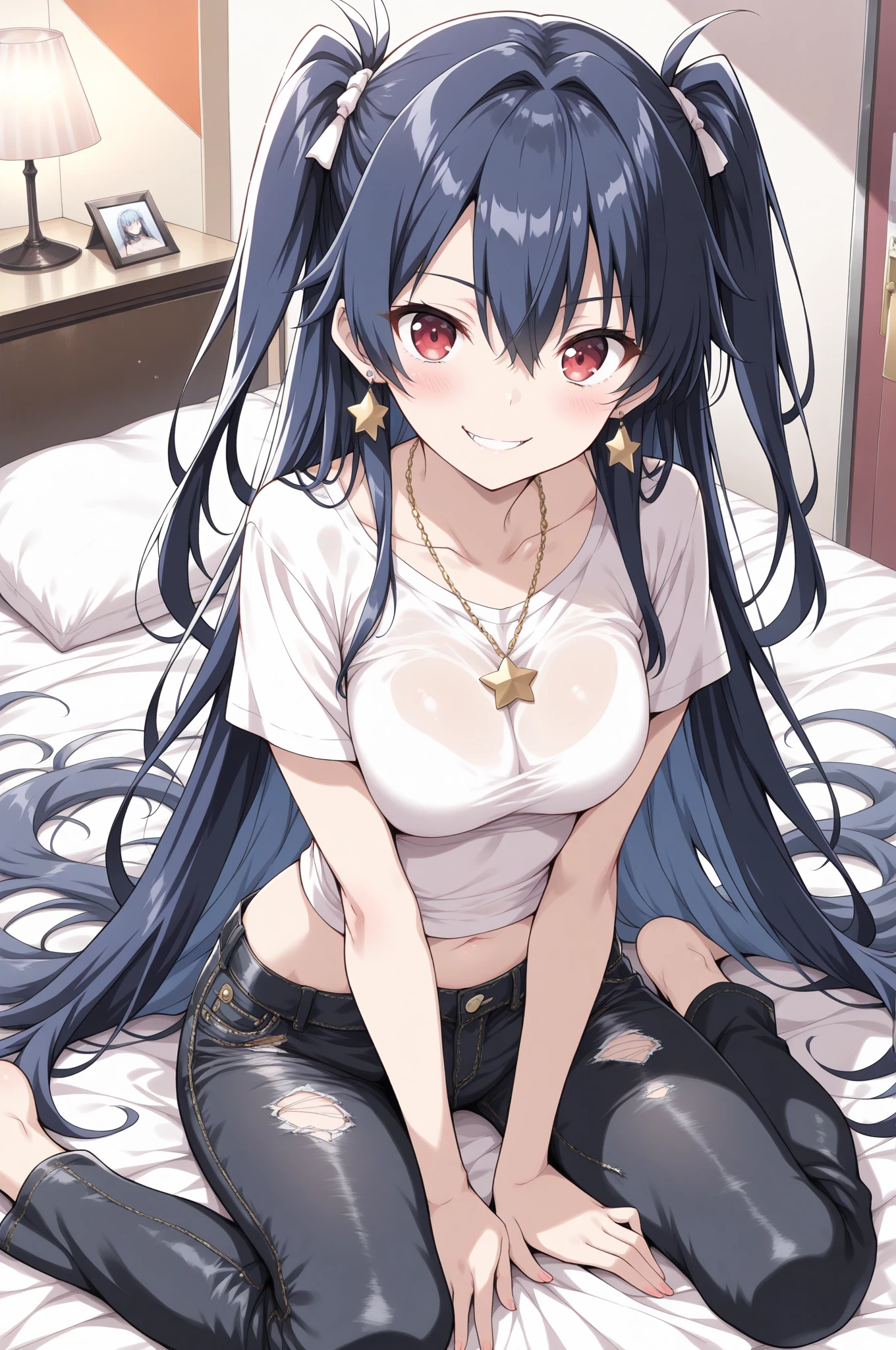 ​masterpiece, top-quality, Highly detailed, masutepiece, 1 woman, Lori, Red Eyes, Happy expression, Dark blue hair, Longhaire, (brown pantyhose that reach above the navel), Cute legs, High neck innerwear that only covers the chest, denim short pants, Ankle Boots, Black Belt Choker, Blue beret, brown long gloves, Fingerstick Gloves, discreet breasts,