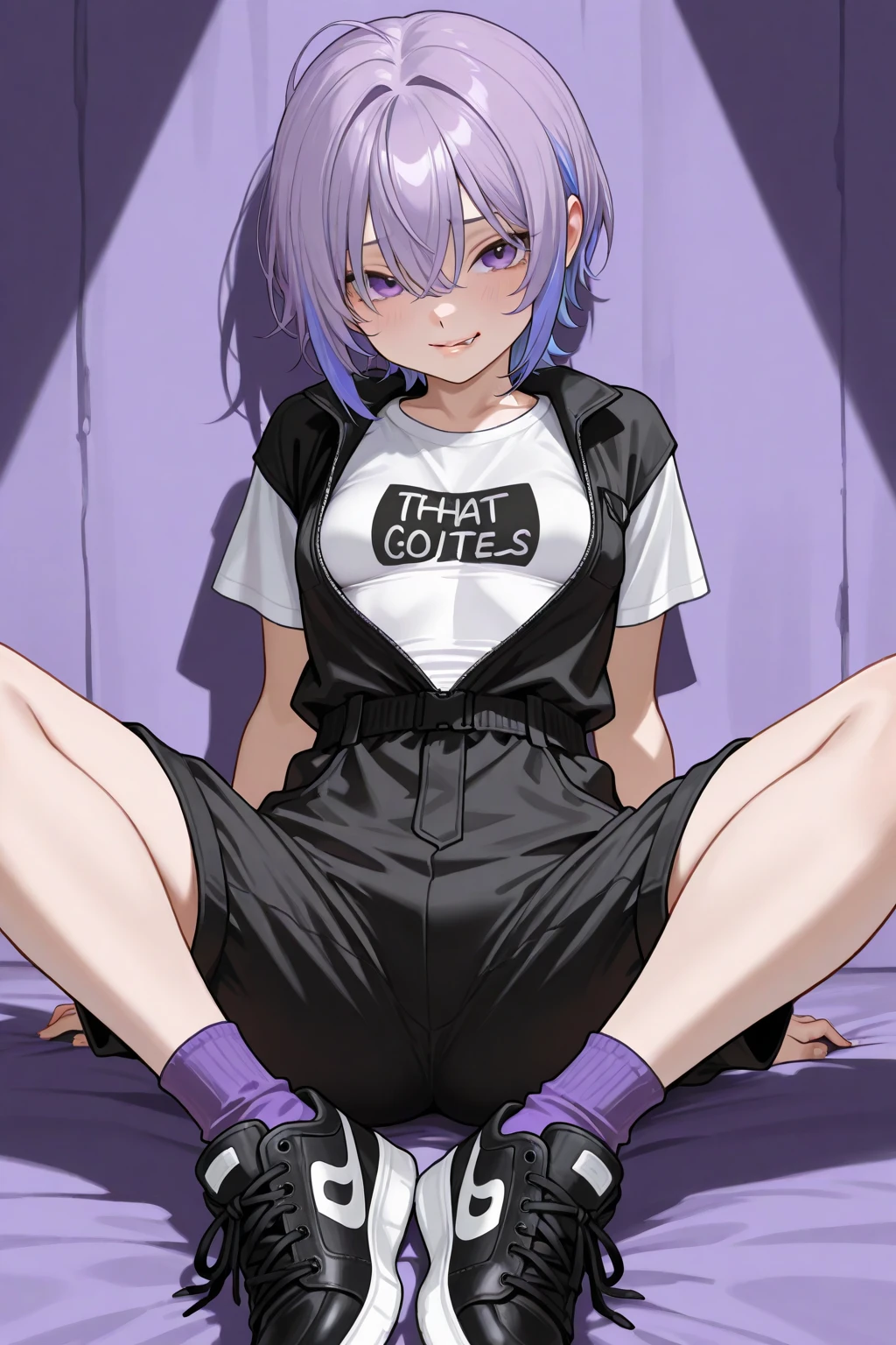 score_9, score_8_up, score_7_up, score_6_up, score_5_up, score_4_up, source_anime, 1girl, purple hair, hair bun,blue eyes, w-w-chain, spread arms, messy hair, black shirt,pants,ankle boots, high heels,dungeon, best quality, best res, 4K UHD,