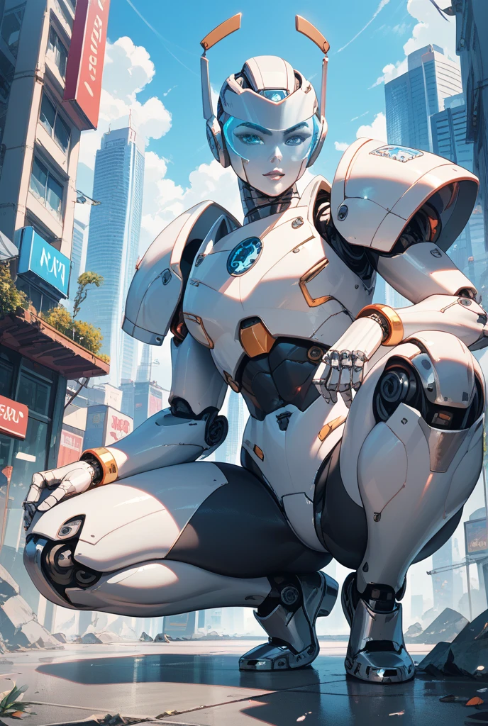 Beautiful and detailed image, drossel, twintail, boots, woman, robot, smile, blue eyes, looking at the viewer, small breasts, 4k, masterpiece, best quality, solo, single character, high detail, (no mouth), big eyes, full-length, future, science fiction, legs, metal hair, huge dump, excavator, gloomy, tower, mountains of garbage, wrecked cars, fire, smoke, ruined city, sunset, evening, ruins of the city, anime character, android, robot, sfw, cruiser that fell on the city, starry sky, human height, flooded city, sitting on the ground, construction crane