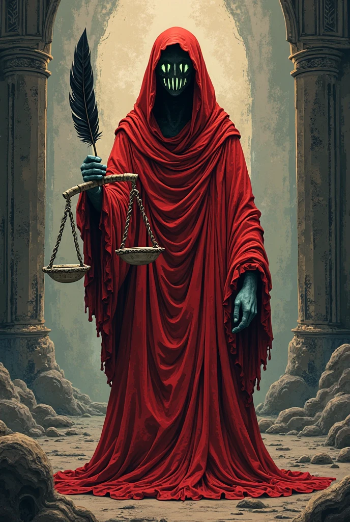 Vintage comic illustration of a skeletal executioner wearing a blood-spattered ancient judge's robe, holding a large, brutal hammer in one hand. In the other hand, he drags several humans chained together by golden chains around their necks. The humans wear crowns made of thorns, and above the executioner's head floats a broken, upside-down halo.