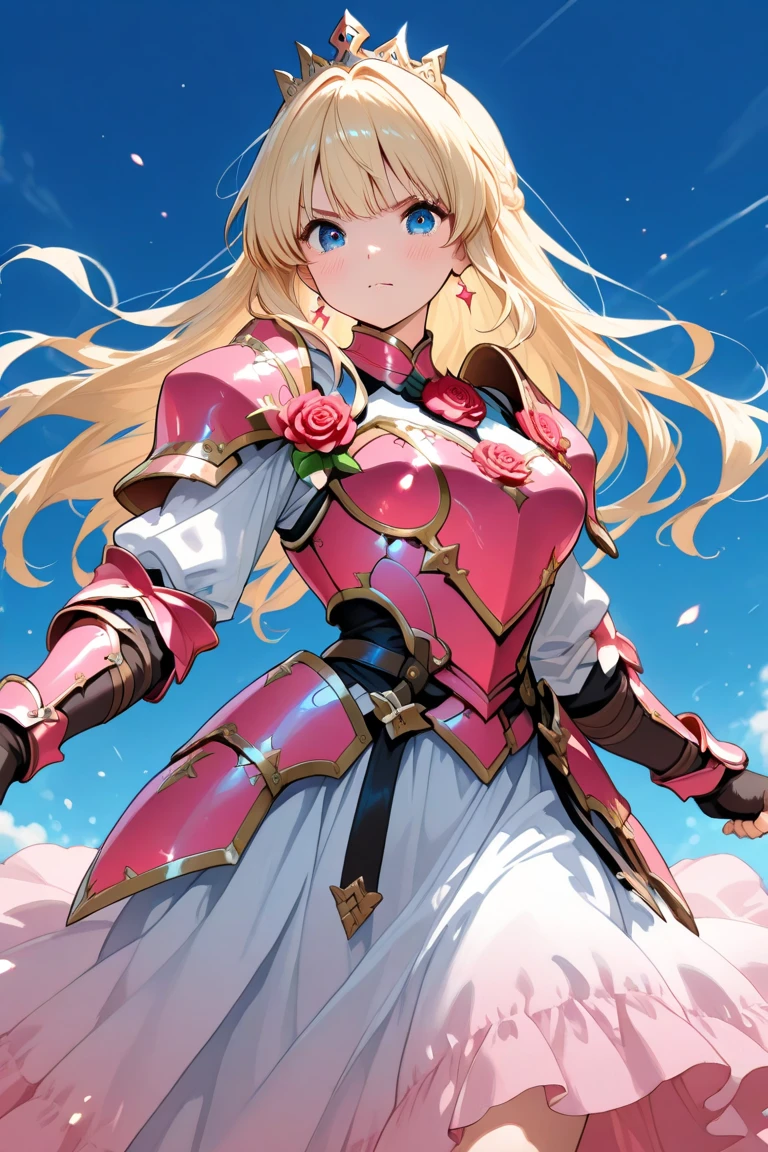 alone, 1 Girl, Marin, salary, keep, arms, Focus on women, sword, Cape, armor, Lambent Light, Handguard, ,  armor, full armor, A soft smile，Cherry blossoms blooming all over the place，Falling cherry blossom petals background　(((masterpiece)))， ((Highest quality))， ((Intricate details))　(8K)