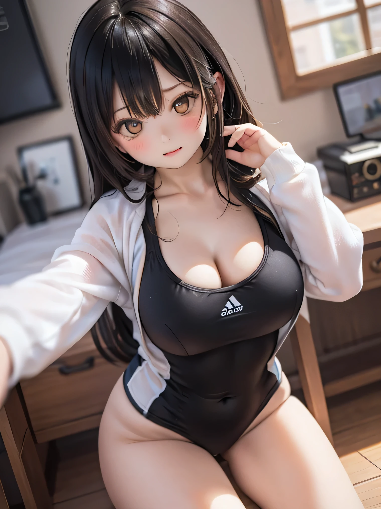 masterpiece, Ultra-fine Illustration, highest quality, Particles of light, Very detailed, 8k wallpaper, (Bright colors:1.2), 22 years old, Shiny skin, smile, 魅惑的なsmile, The top is a large black jersey、Black Bloomers、high school girl、Gym suit、Shorts、Super cute、Extremely beautiful、The figure is a little sexy、Knee-high socks、Thigh-high socks、Red sneakers、Brown Hair、chest size small、Sweating profusely all over the body、A lot of sweat and light on the thighs、Shiny thighs、Plenty of sweat glistening on the thighs、A large amount of sweat glistens on my thighs、Sweating profusely、Alluring expression、Dark closed door background、slender体系、Are standing、sit on a vaulting box、night、Are standing、Small breasts、Baggy jersey、slender、