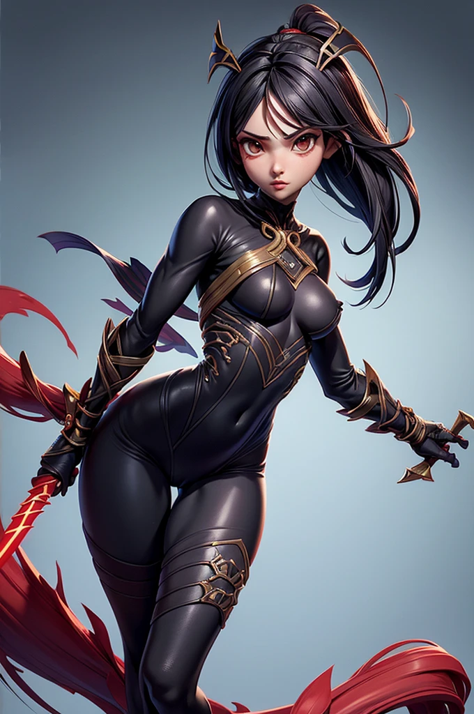 (((masterpiece, best quality, high detailed, 16k))) (((hzk)) (1girl) A mysterious rogue with short, jet-black hair and striking violet eyes. She is dressed in a sleek, dark leather outfit that allows for swift movement, with hidden daggers strapped to her legs. Her expression is cold and calculating, and she holds a shadowy blade that seems to absorb light. ((full body view))