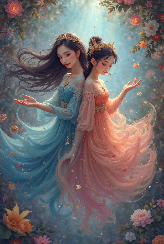 (masterpiece, highest quality, official art, beauty and aesthetic:1.5), perfect anatomy, two stunning bride is deeply in love with each other, kiss, romantic atmosphere, flower and moon, magnificent panorama view