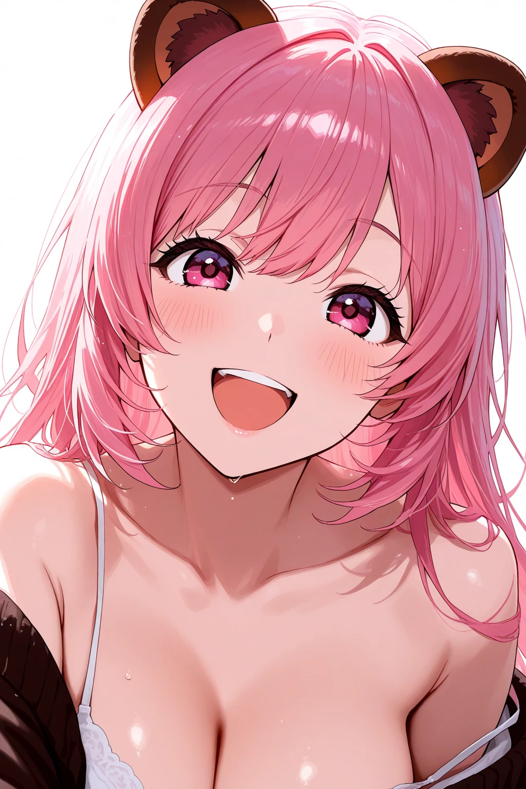 best quality, masterpiece, (use only 4 colors:1.5), 1 girl, (licking, drooling:1.3), (short low twintails hair with bangs:1.3), pink and white colored bikini, (medium breast:1.2), solid pink background