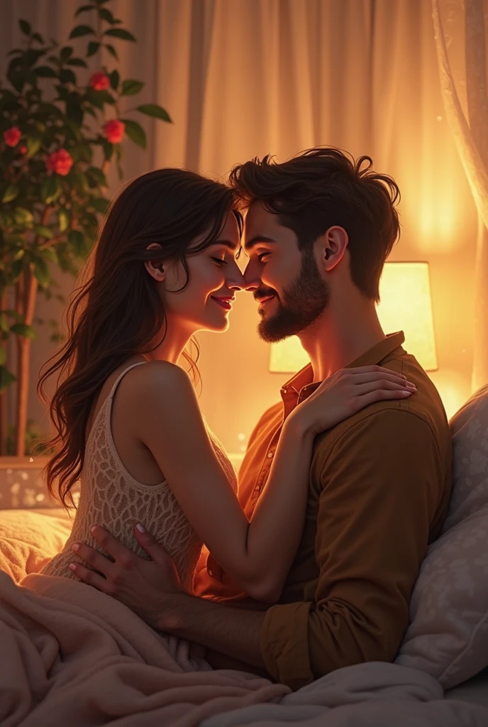 A cute wife sitting on lap of husband in bedroom decorated with flowers and cool lights with letters V S written on wall