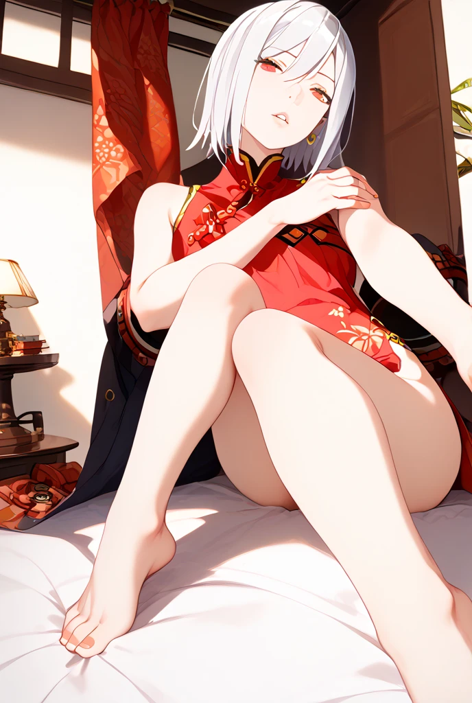 Ultra high precision、high resolution、(Naked girl sitting with her legs thrown out on the floor, looking at the floor:1.4)、Pretty face、silver hair、pubic hair is growing、 ((While crying))、smaller breasts、empty eyes ((white mucus dripping from genitals))..、In the ruins、(Burgundy long-sleeved dress with ruffles and lace decoration:1.4)、(red flat pumps:1.3)、
