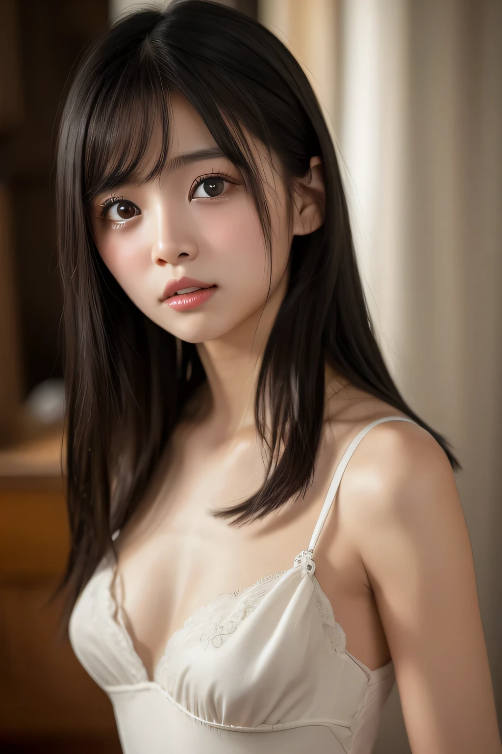 highest quality, masterpiece, ultra high resolution, (realistic:1.4), RAW photo,  (real skin texture:1.3), (film grain:1.3),  panorama, character portrait,  very wide shot, tight waist, cowboy shot, (in the dark, deep shadow, discreet key, cold light,) night, close,  tears flow, 
indoor, dust, Tyndall effect, sad, It was disappointing, dark (Performance),  sitting,  (towards the wall), Are crying, frown, (bow your head), nervous, tear up, lonely,
1 girl, Beautifully detailed eyes and face, white jabot, off shoulder, brown eyes,
