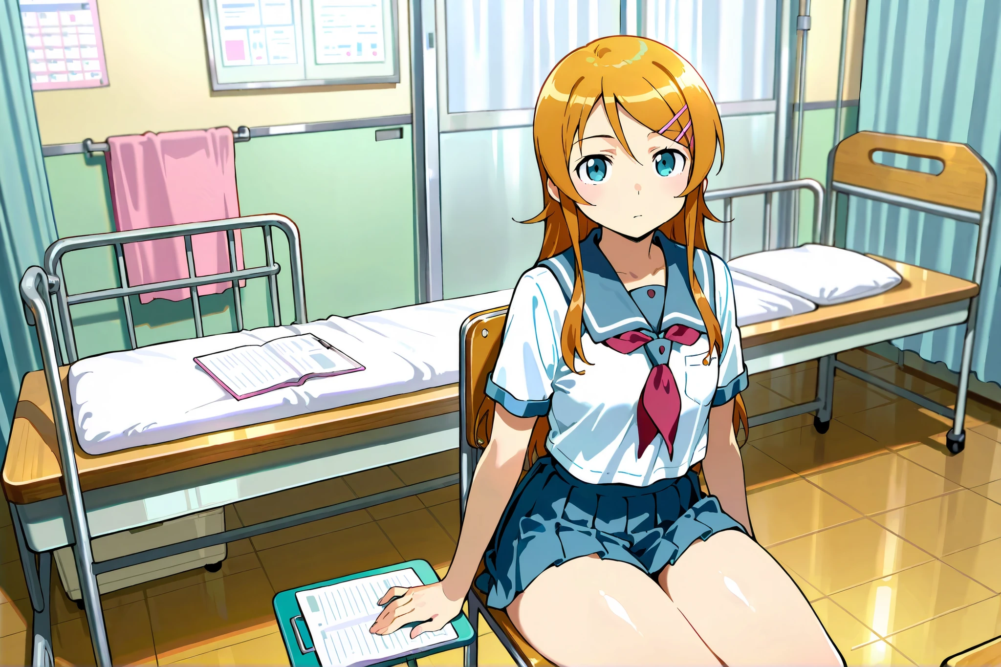 Expressionless kousaka kirino, serafuku, blue pleated skirt,short sleeves, red neckerchief,black socks, infirmary,sitting on chair,thick thighs,looking at viewer