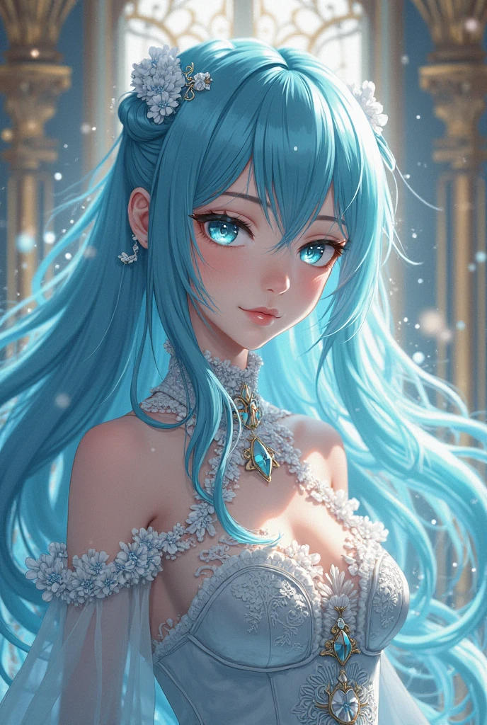Anime teenage girl with long blue hair, blue eyes, with formal clothes and jewelry