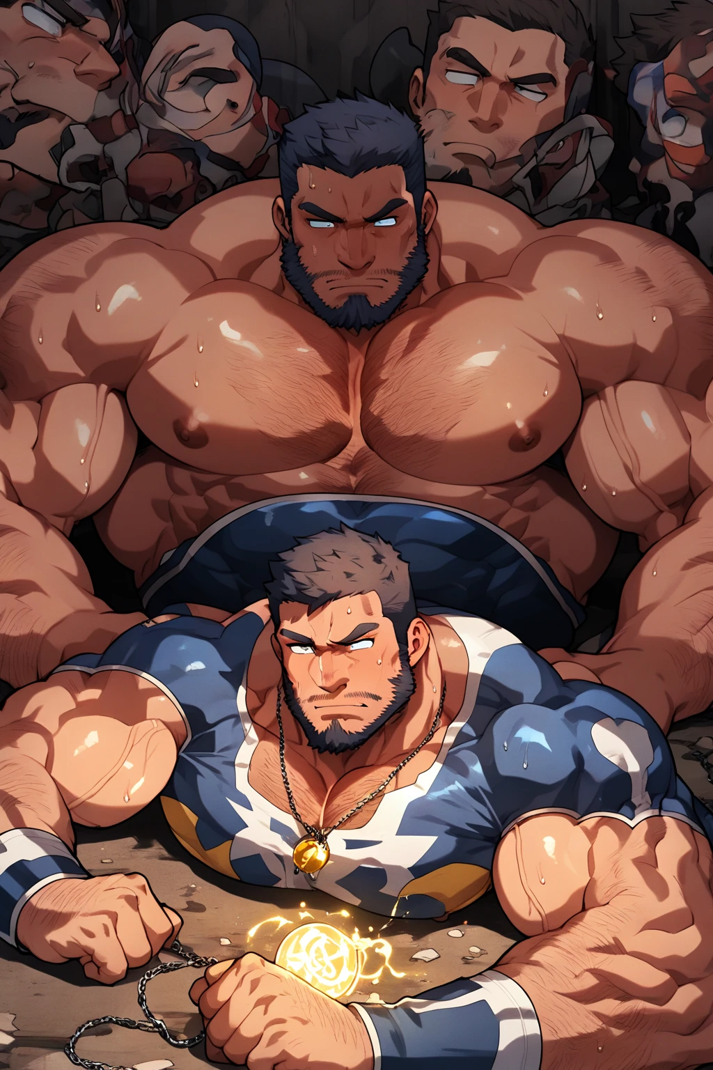 A fantasy gay sex world A black man with a hyper muscular body full black body a black man with a hairy, hypermuscular body with giant arms, muscular legs, full body, big breasts huge breasts huge asses bodybuilder only one man in the image a hairy man black body with hair manga story hero comic