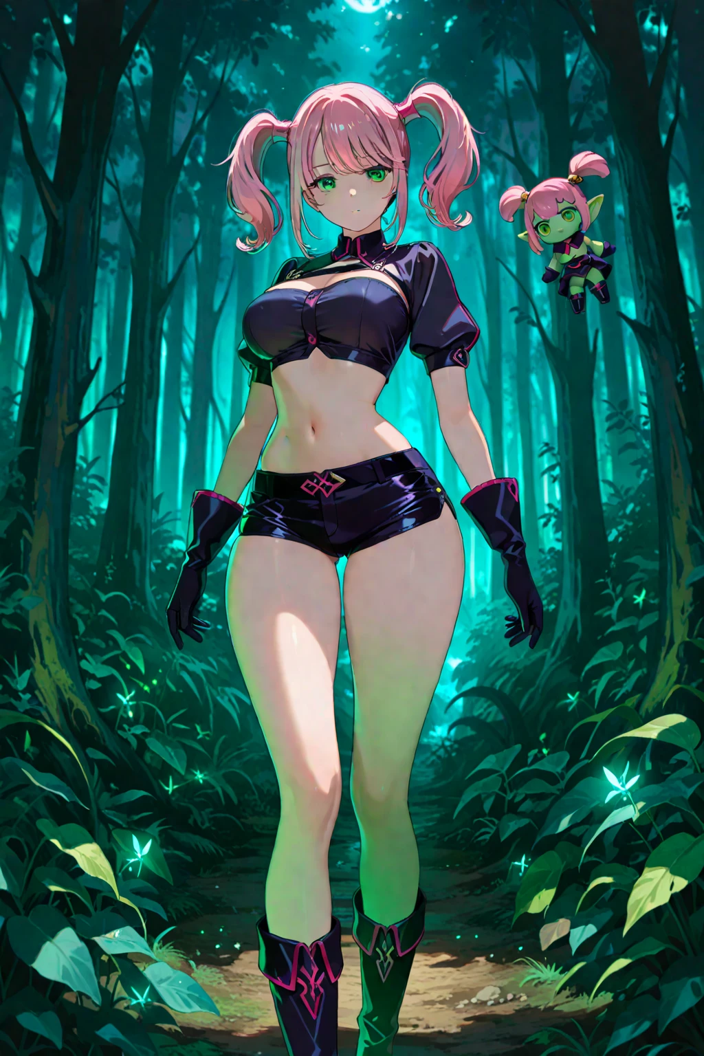 in the rain forest there a beutifull lady with big  big ass her have elf ears and using modern sun glass and her make pose near tree