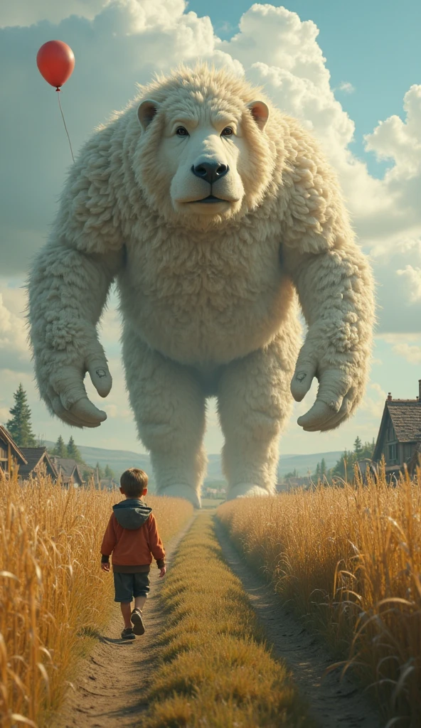 On a mountain in gray weather, a man with curly red hair stands calmly in front of a giant sand-bear calm