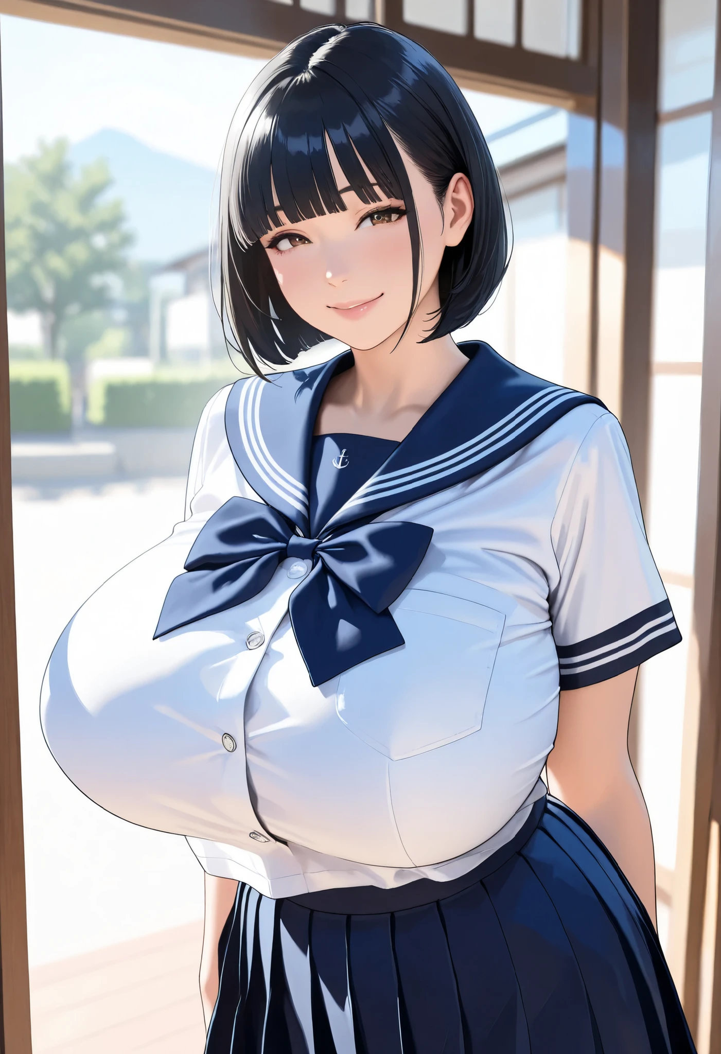 (masterpiece, details, top quality, 8K, [realistic], absurd:1.2), Japanese Women, 1 high school girl, beautiful character design, Plain face, (black hair, middle hair, bob cut, blunt bangs),  美しくdetailsな目の描写, expressive eyes, brown eyes, Japanese woman who likes to be lewd, Smile, (school uniform:1.2,  navy blue sailor skirt), (voluptuous bust:1.4, saggy huge breasts:1.2), standing
