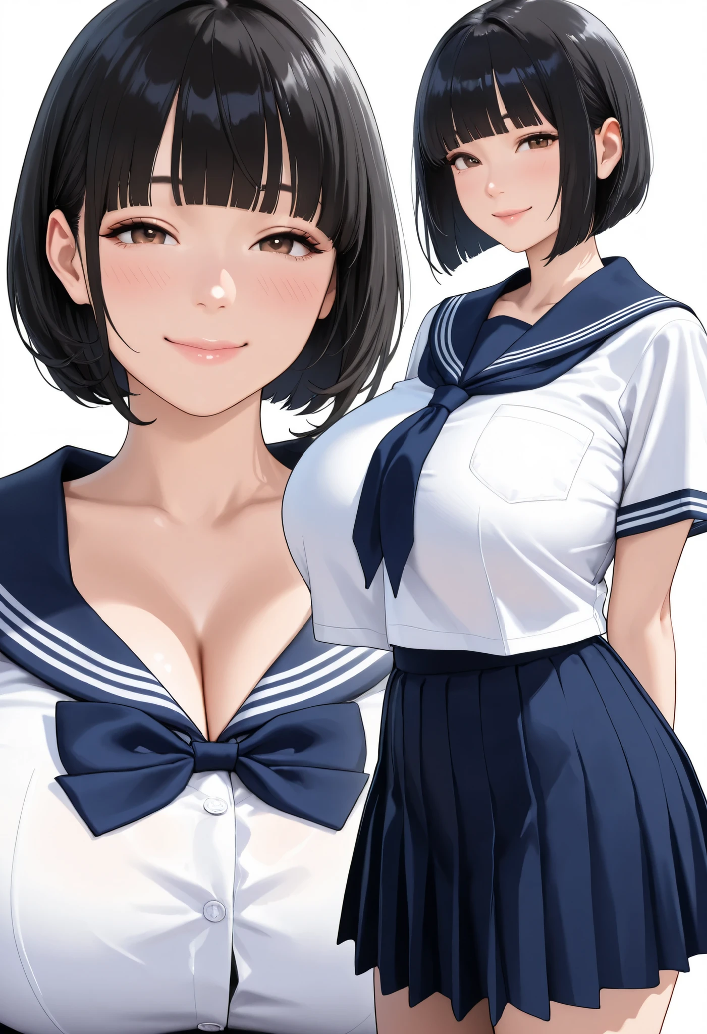 (masterpiece, details, top quality, 8K, [realistic], absurd:1.2), Japanese Women, 1 high school girl, beautiful character design, Plain face, (black hair, middle hair, bob cut, blunt bangs),  美しくdetailsな目の描写, expressive eyes, brown eyes, Japanese woman who likes to be lewd, Smile Yan, (school uniform:1.2,  navy blue sailor skirt), (voluptuous bust:1.4, saggy huge breasts:1.2), standing