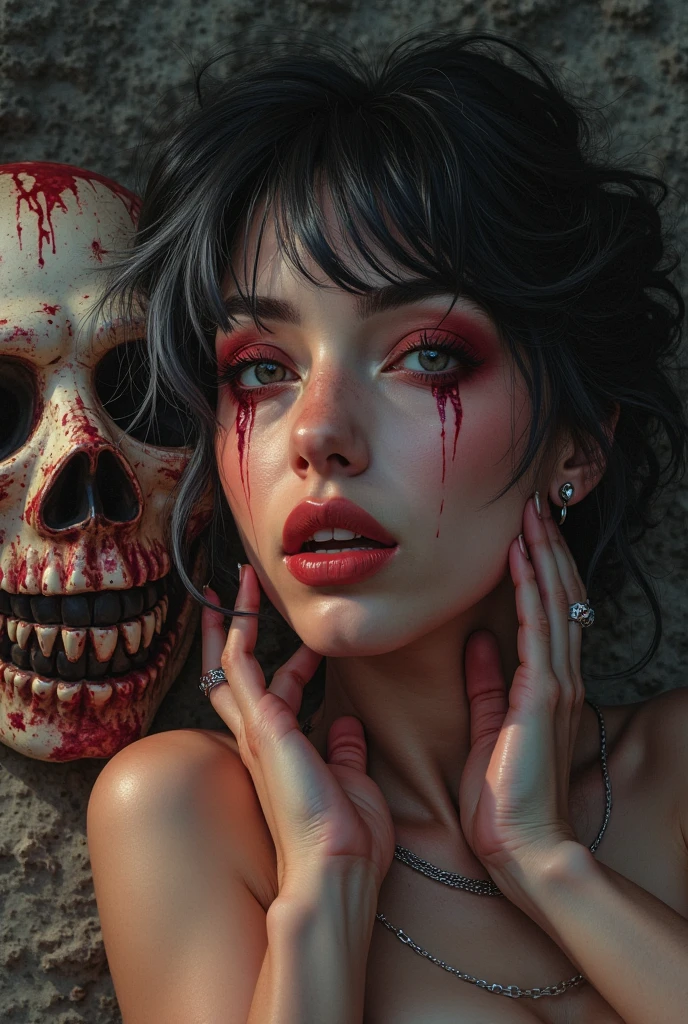 ((best quality: 0.8)), ((masterpiece)), (detailed), 1girl, beautiful face, long, brown, wavy hair, short black dress with long sleeves, black and gray striped socks, black boots , passionate lips, light blush, big breasts, beautiful red eyes, fair skin, skull tattoo, beautiful smile, (glowing eyes: 1.4), (blood face), NSFW