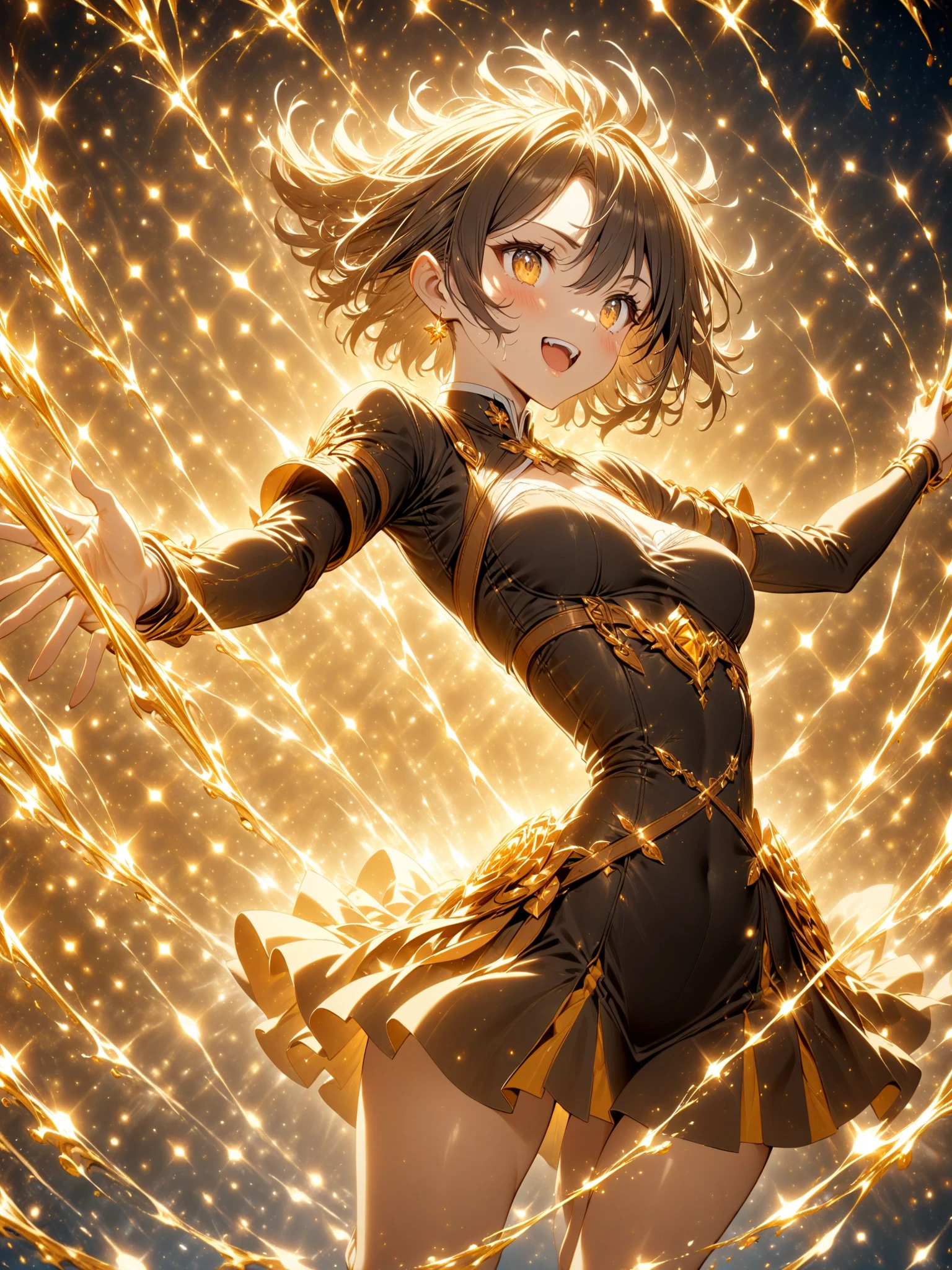  yor briar, anime style beutiful woman, 1girl, happy, smile, with sparkling eyes and a contagious smile:1.1),looking at viewer,red face, closed mouth, beautiful detailed eyes, super detailed skin, backlighting, bare shoulders, black background, black dress, black gloves, black hair, breasts, dress, earrings, fingerless gloves, floating hair, floral print, flower, gloves, gold earrings, gold hairband, hair flower, hair ornament, hairband, holding, holding weapon, jewelry, large breasts, long hair, looking at viewer, off-shoulder dress, off shoulder,red eyes, short hair with long locks, sidelocks, solo, spikes, thighs, two-sided dress, two-sided fabric, weapon, fighting stance , face, close up, from above, highest quality, high resolution. 