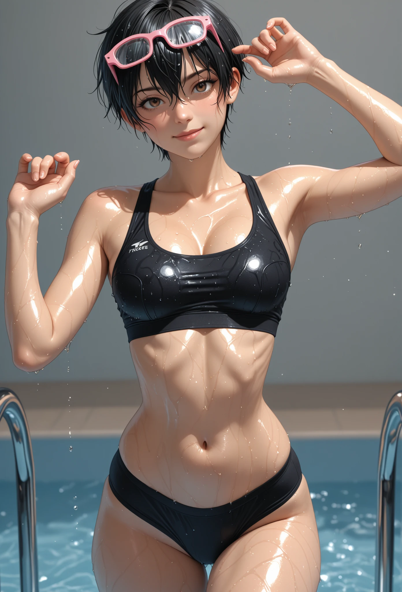 (best quality, masterpiece:1.2), ultra-detailed, realistic, mature woman, detailed hair, detailed eyes, detailed lips, kjelle, black bikini, hotel pool, blue sky, upper body, looking at viewer, realistic colors, studio lighting, short bob cut hair, brown eyes, medium breasts, [abs:0.4], (muscular), from below, (shy smile), blushing