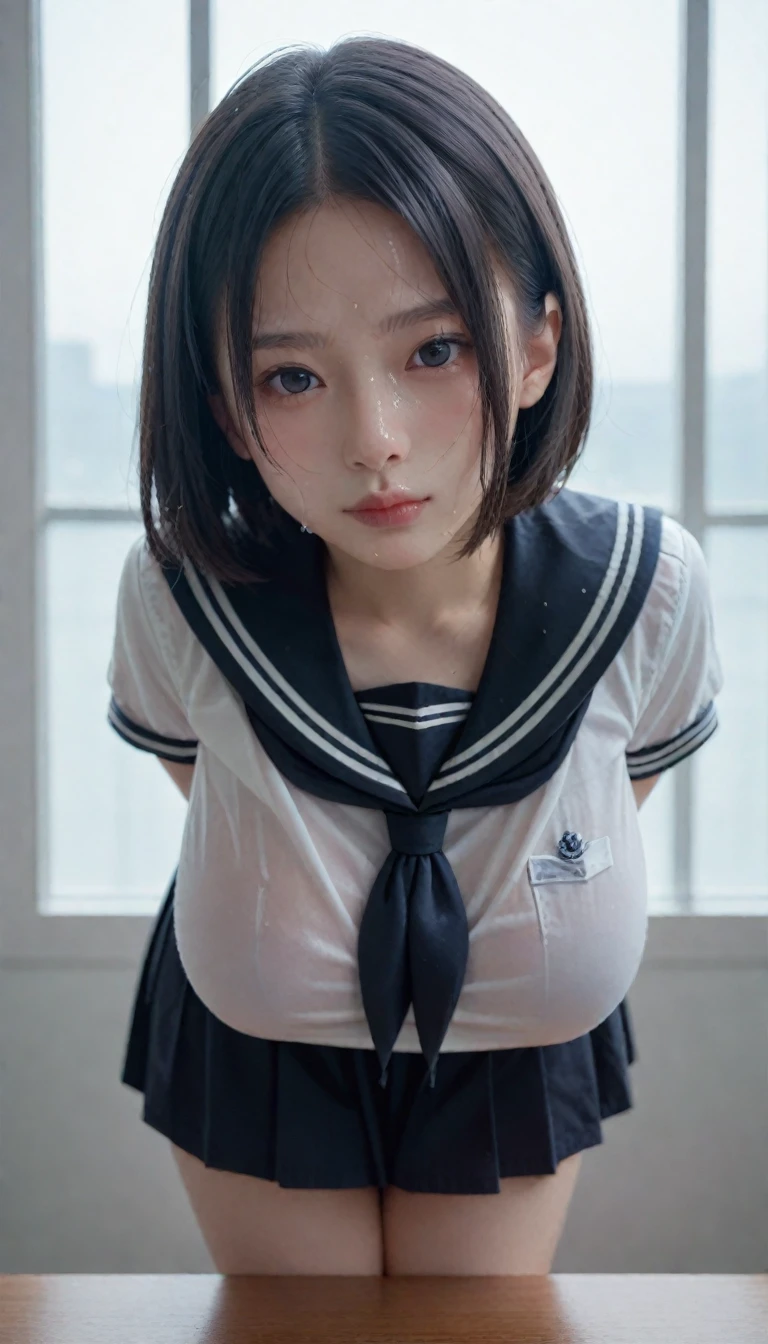 最high quality、high quality、best image quality、8k、最High resolution、High resolution、最high quality、masterpiece、RAW photo、whole body写真、Realistic human body in every detail、Realistic skin in every detail、Realistic face in every detail、Realistic eyes down to the details、Realistic lips in every detail、Realistic teeth in every detail、Realistic ears down to the last detail、Realistic hair down to the last detail、Realistic arms down to the last detail、Realistic reproduction of every detail、Realistic fingers in every detail、(fine hands、thumb１reference４)、Realistic feet in every detail、Realistic feet in every detail、Realistic breasts down to the last detail、Realistic areola in every detail、Realistic nipples down to the last detail、((beautiful japanese girl))、(japanese model), (japanese woman)、((18 year old beautiful girl))、(black hair)、(straight hair)、(ponytail)、((whole body))、((beautiful upturned chest))、(Slim and slender、Stylish slim body shape)、(whole body光沢肌、Fair skin)、Detailed and realistic human body、detailed realistic skin、detailed realistic face、detailed realistic arms、detailed realistic fingers、Detailed realistic feet、detailed realistic breasts、((dark cold stormy weather))、((pouring rain))、((school ground))、sailor suit、sailor school uniform、、sailor skirt、Junior School、high school student、japanese school uniform、((pouring rainの中(girl standing in the center of the ground))、((It gets wet and see-through(クロップトップsailor suit、ミニsailor skirt))、((sad expression))、((pouring rainを浴びて(Drenched skin from head to toe))、((Wet and adhere tightly to the skin(クロップトップsailor suit、ミニsailor skirt))、濡れたsailor suitから乳首の形がはっきりとわかる