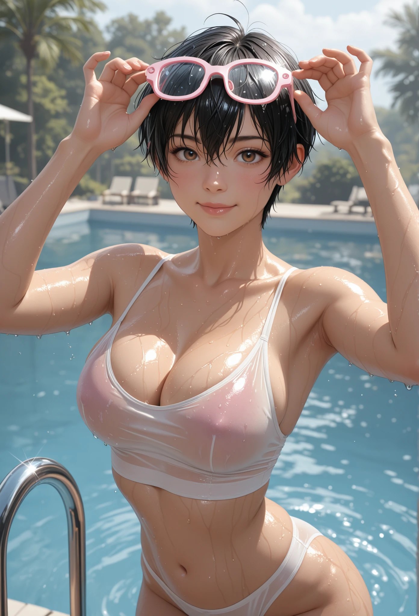 (high quality:1.2,Ultra-realistic) 、Detailed face、fine grain、Beautiful Japanese Woman、32 talents、short hairやアップヘアのランダムなヘアスタイル、Black Hair、Volleyball Player、Big Breasts,Cleavage、The chest is on the table、shiny bikini、Poolside, Embarrassed look、Half-open mouth、 (short hair)、beer mug、 大きなbeer mugをテーブルに置く:2.0、Sweaty、Glowing Skin、Wet Hair、Looking into the camera、blush:2.5