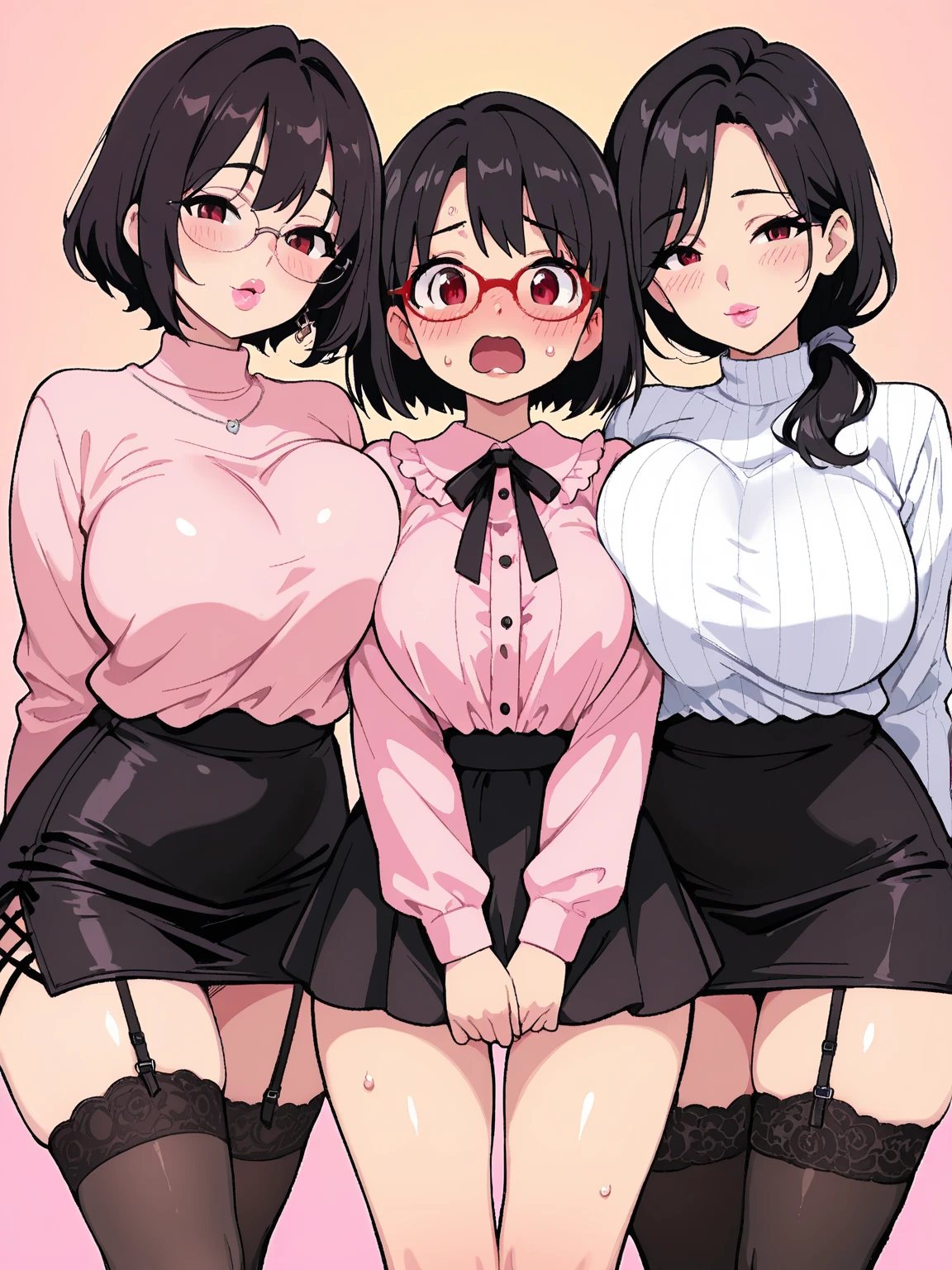 Super detailed, best quality, High resolution, Moe anime, ((((Three cute little girls with black hair and big round glasses hug each other.)))), (baby face), ((Big eyes:1.5, drooping eyes:1.2)), dark blue eyes, cute eyes, detailed eye description, brilliance of eyes, view audience, pale skin, ((())), NSFW, focus on the face, ((bust shot)), ((sheer white lace bra, Lower body is naked)), Nipples are showing through, From above, In the classroom, Navel exposed, Skirt-lift, spread your legs