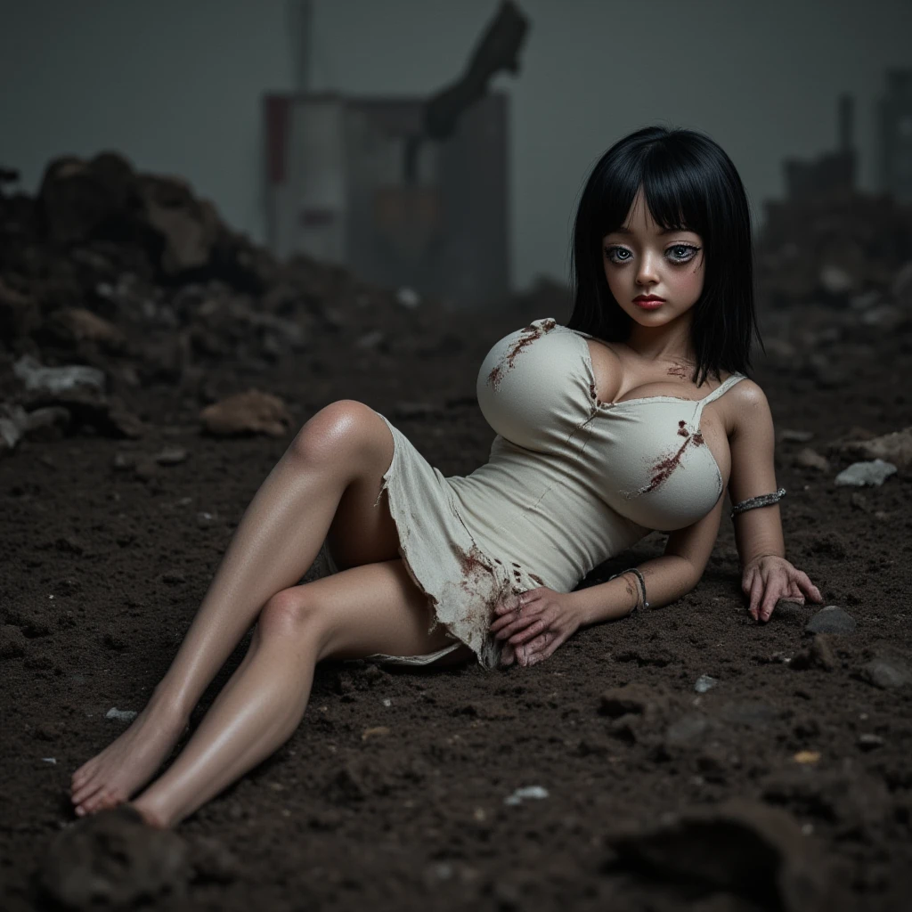 Hinata (beautiful and bold, seductive and attractive, blue eyes, pointed chests, short hair, robotic arms, torn socks, white nurse's dress, boot, short glove, thick legs). (deserted road, dirt road, smoke, abandoned cars, newspapers, abandoned objects, bodies lying on the ground, abandoned road, dark night, apocalyptic abandoned city scenery, cinematic effect), (Best quality, masterpiece, depth of field, Full HD, 4K, richness of detail). Portrait style