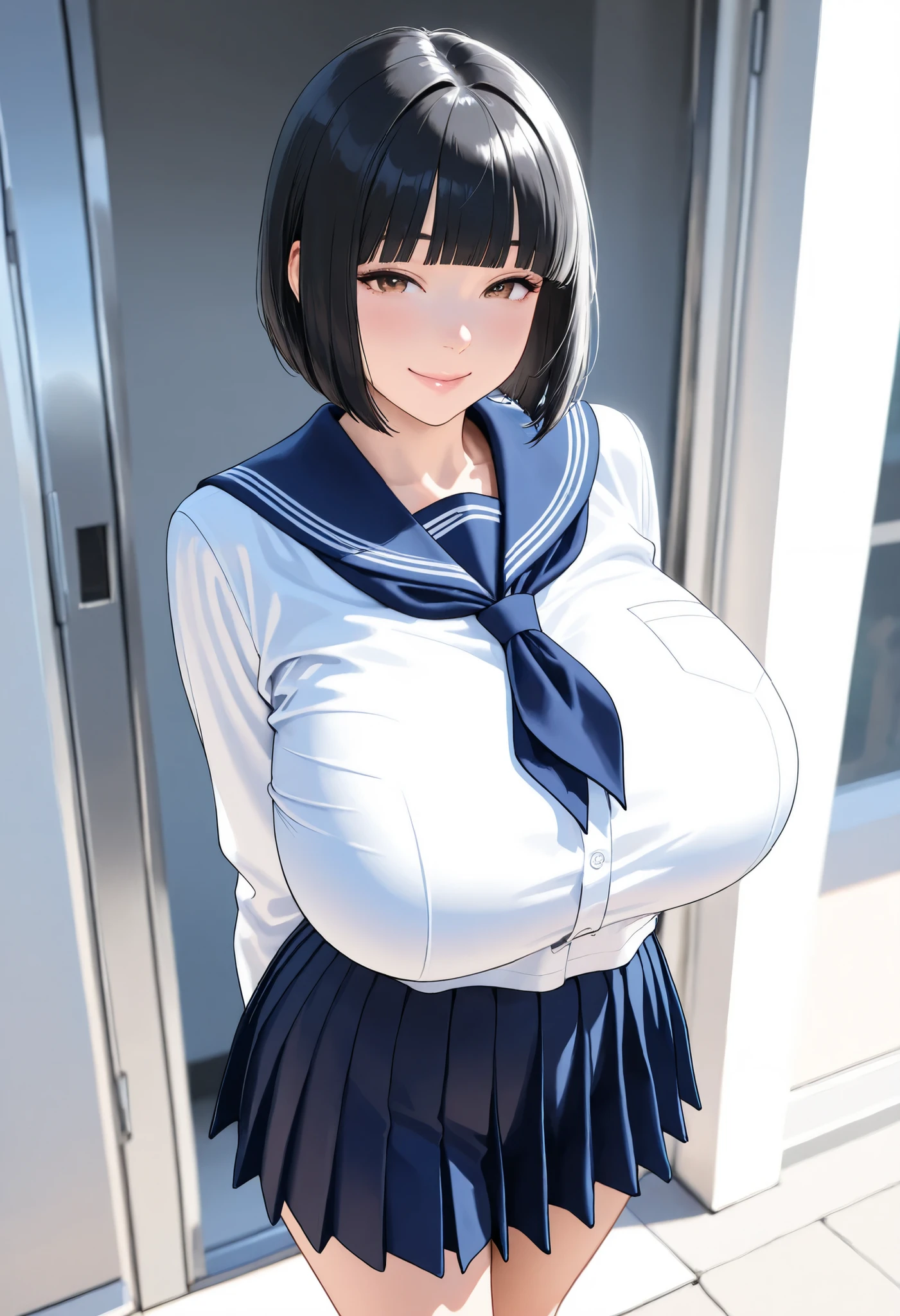 (masterpiece, details, top quality, 8K, [realistic], absurd:1.2), Japanese Women, 1 high school girl, beautiful character design, Plain face, (black hair, middle hair, bob cut, blunt bangs),  美しくdetailsな目の描写, expressive eyes, brown eyes, Japanese woman who likes to be lewd, Smile, (school uniform:1.2,  navy blue sailor skirt), (voluptuous bust:1.4, saggy huge breasts:1.2), standing