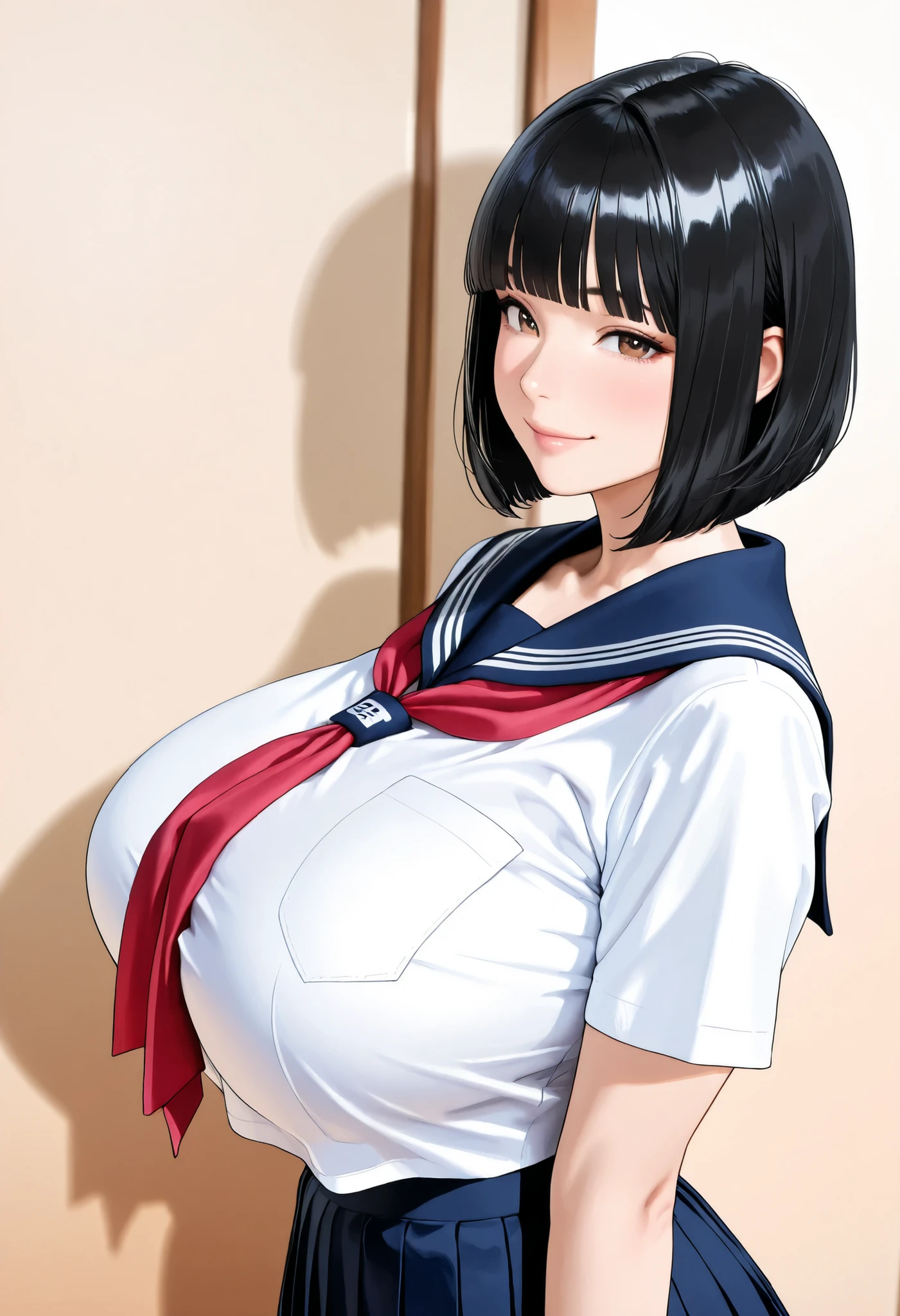 (masterpiece, details, top quality, 8K, [realistic], absurd:1.2), Japanese Women, 1 high school girl, beautiful character design, Plain face, (black hair, middle hair, bob cut, blunt bangs),  美しくdetailsな目の描写, expressive eyes, brown eyes, Japanese woman who likes to be lewd, Smile, (school uniform:1.2,  navy blue sailor skirt), (voluptuous bust:1.4, saggy huge breasts:1.2), standing