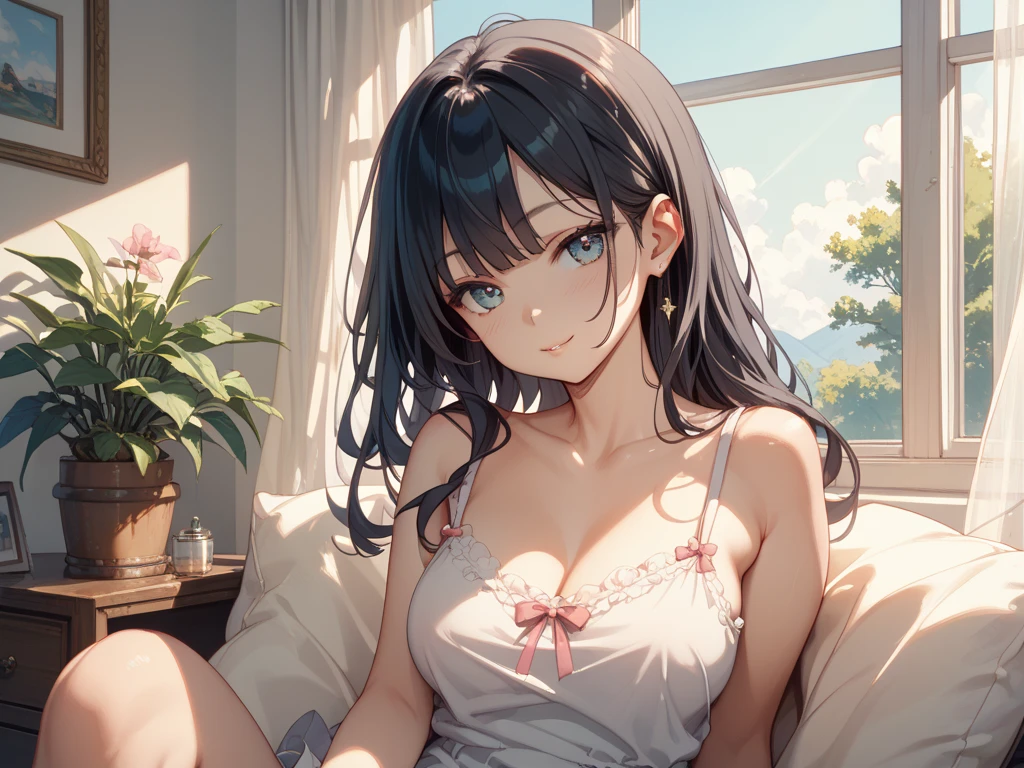 Gal、Wearing a camisole、Bedroom、Lying in bed、hair is gray、laughing、Around 25 years old、Anime style illustrations