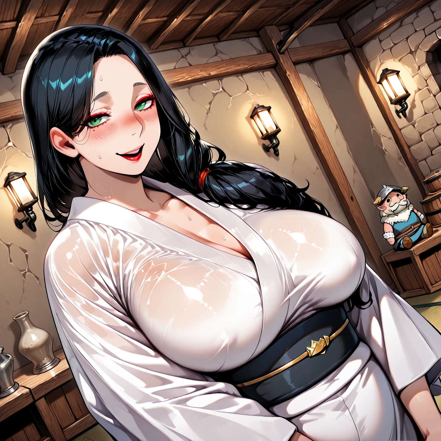 Solo, female elf, pale purple skin, black braids, (((long hair))), light mahogany hair, peach lipstick, eyeliner, eyelashes, thick eyelashes, big breasts, cream linen tunic, (peach cloak), glasses, fantasy village, mature female, naked