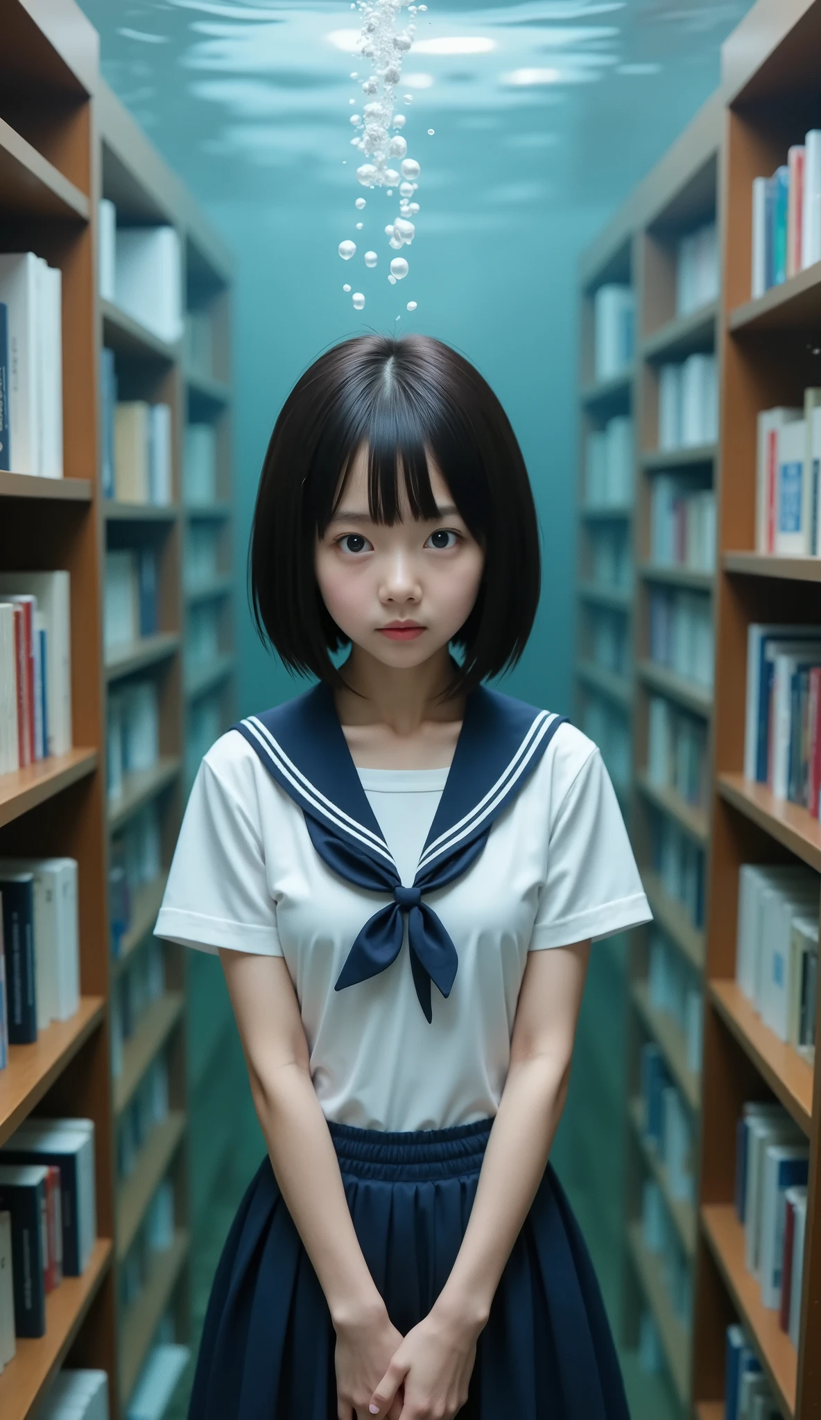 (8k), (best quality), raw photo, (Photographically Realistic:1.4), very detailed, cute, Very cute Japanese girl, no makeup,(slender body), (( Straight Bob Cut )) , Wind Fluttering Hair, ((of water)), ((sailor suit)), navy blue skirt, look back, (Underwater Library ), Bookshelf , There are a lot of anemones swimming, Little by little bubbles come out of their mouth and nose and rise upward,