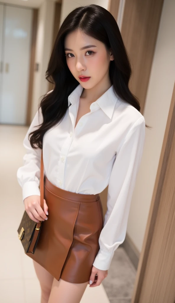 highest quality,masterpiece,Ultra-high resolution,(Actual:1.4),Original photo,Ultra-high resolution,8k,There are women,Fair skin,Exquisite makeup,black heels,Long legs,Bright and beautiful、Long wavy brown hair_Hair reaching down to the waist,shy smile,white long sleeve button up blouse_brown pleated mini skirt_Put the shirt inside the skirt,in a hotel bedroom