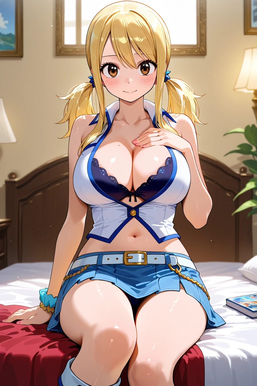 (masterpiece, best quality:1.2), 1girl, solo, big breasts, yellow hair, brown eyes, lucy heartfilia, tight shirt, sexy, cute, bigger than head, unrealistic boob size, cute, sexy, bikini, Lucy, blue bow