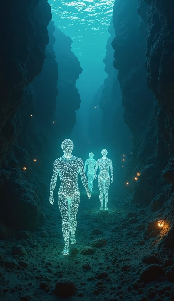 Men made of white light walking in defile on a Road, Background heavenly, write"Walking Lights" at the bottom