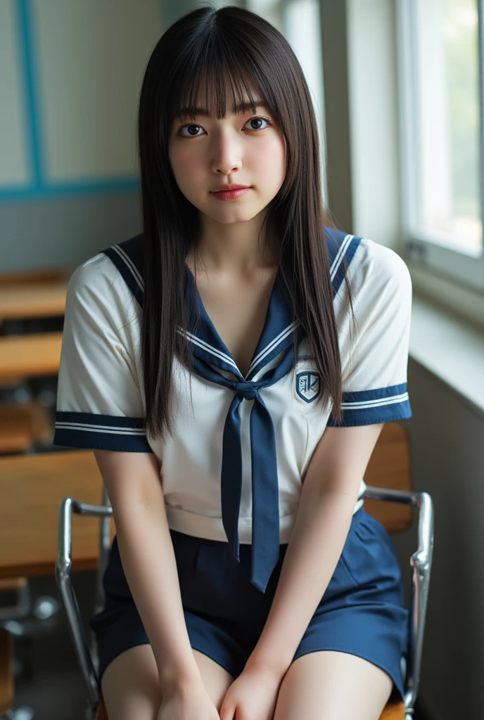 (8K、RAW Photos、Highest quality、masterpiece:1.2)、(Realistic、Photorealistic)、1 Girl、((Check mini skirt、Loafer Uniform、blazer、Small breasts、classroom、I sat on a chair、Viewed from the front、Spread your legs、White silk panties))、Lots of eyelashes、Add shine to your eyelids、skeletally correct、Show off your panties、Open your legs to the side、Panty Shot、sexy、(Panties close up:1.0)、Skirt Lift、Lift up the skirt、I can see her pant(M-shaped legs))